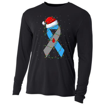 Santa Blue Grey Ribbon Xmas Lights T1D Diabetes Awareness Cooling Performance Long Sleeve Crew