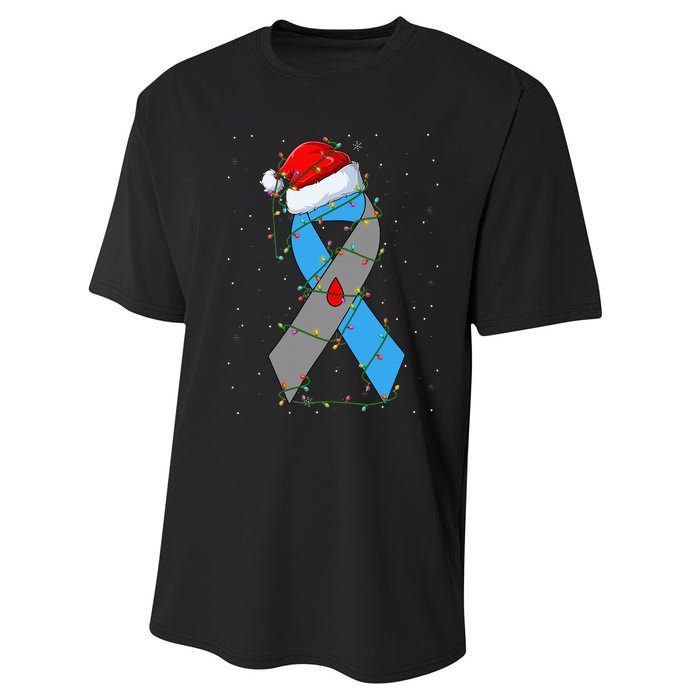 Santa Blue Grey Ribbon Xmas Lights T1D Diabetes Awareness Performance Sprint T-Shirt