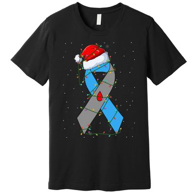 Santa Blue Grey Ribbon Xmas Lights T1D Diabetes Awareness Premium T-Shirt