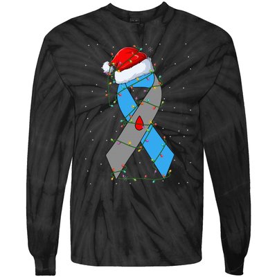 Santa Blue Grey Ribbon Xmas Lights T1D Diabetes Awareness Tie-Dye Long Sleeve Shirt