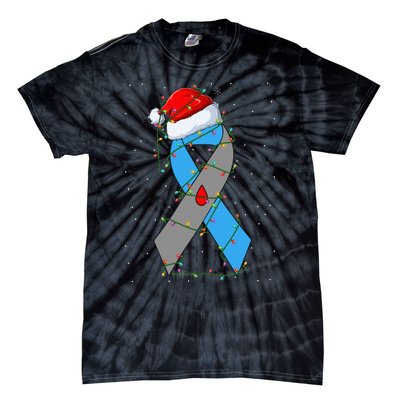 Santa Blue Grey Ribbon Xmas Lights T1D Diabetes Awareness Tie-Dye T-Shirt