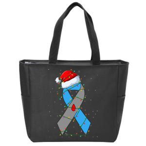 Santa Blue Grey Ribbon Xmas Lights T1D Diabetes Awareness Zip Tote Bag