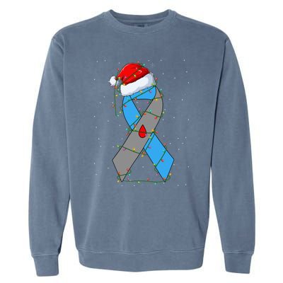 Santa Blue Grey Ribbon Xmas Lights T1D Diabetes Awareness Garment-Dyed Sweatshirt