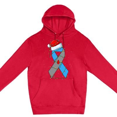 Santa Blue Grey Ribbon Xmas Lights T1D Diabetes Awareness Premium Pullover Hoodie