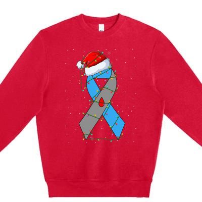 Santa Blue Grey Ribbon Xmas Lights T1D Diabetes Awareness Premium Crewneck Sweatshirt