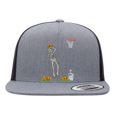 Skeleton Basketball Halloween Pumpkin Flat Bill Trucker Hat