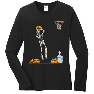 Skeleton Basketball Halloween Pumpkin Ladies Long Sleeve Shirt