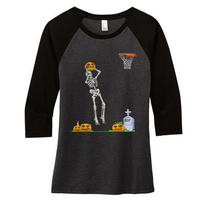 Skeleton Basketball Halloween Pumpkin Women's Tri-Blend 3/4-Sleeve Raglan Shirt