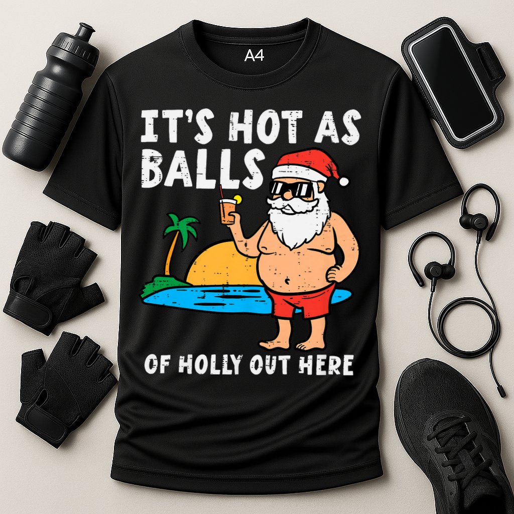 Santa Beach Hot As Balls Of Holly Funny Christmas In July Cooling Performance Crew T-Shirt
