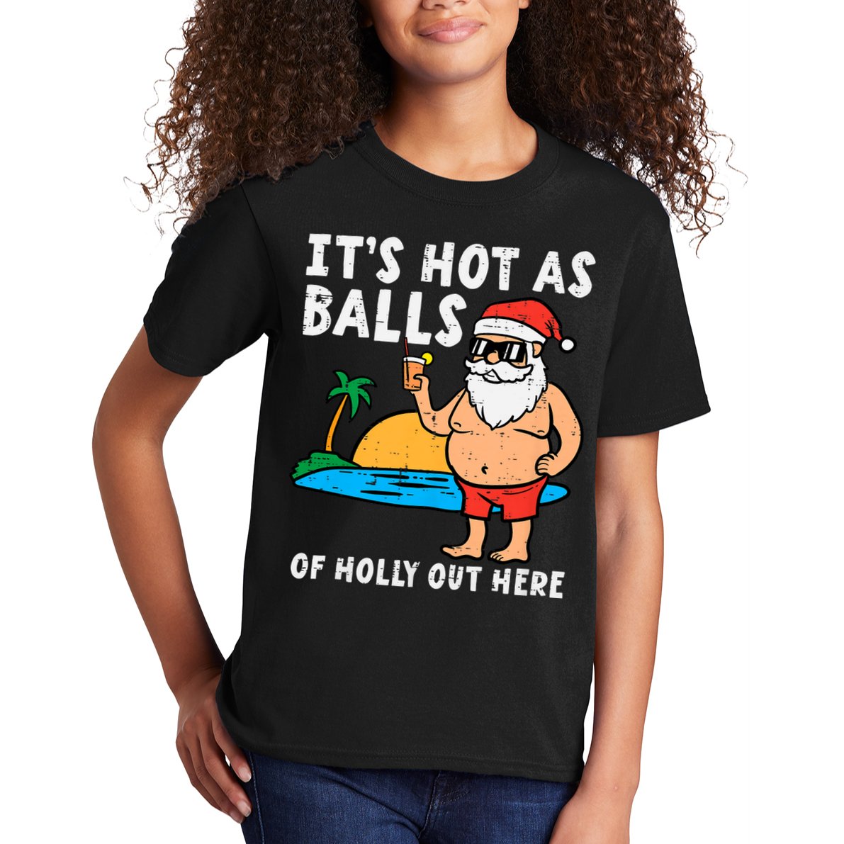 Santa Beach Hot As Balls Of Holly Funny Christmas In July Kids T-Shirt