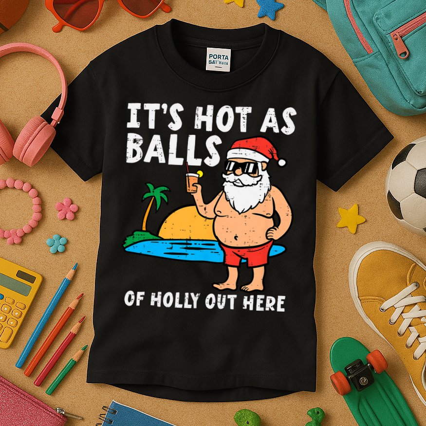 Santa Beach Hot As Balls Of Holly Funny Christmas In July Kids T-Shirt