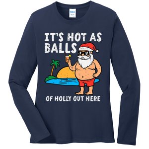 Santa Beach Hot As Balls Of Holly Funny Christmas In July Ladies Long Sleeve Shirt