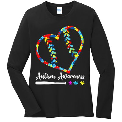 Softball Baseball Heart Autism Awareness Month Ladies Long Sleeve Shirt