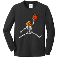 Skeleton Basketball Halloween Pumpkin Slam Dunk Kids Long Sleeve Shirt