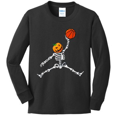 Skeleton Basketball Halloween Pumpkin Slam Dunk Kids Long Sleeve Shirt