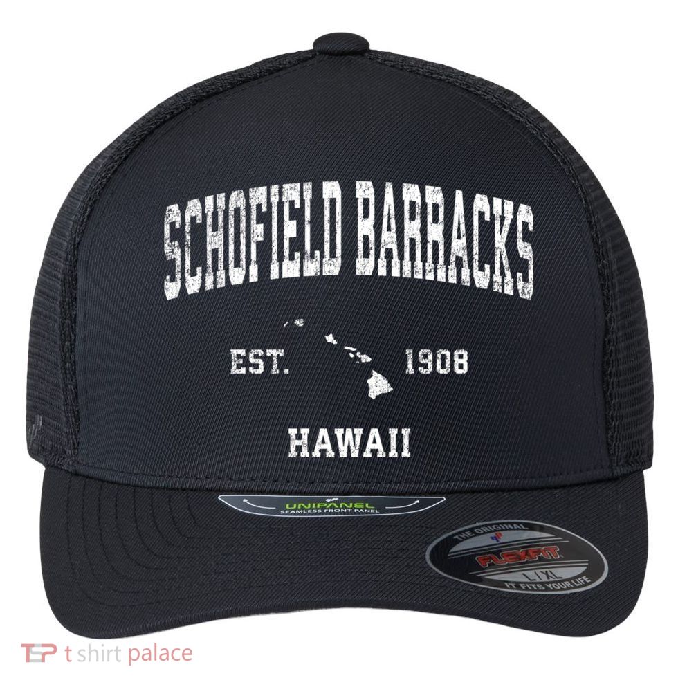 Schofield Barracks Hawaii Hi Vintage Established Sports Design Flexfit Unipanel Trucker Cap