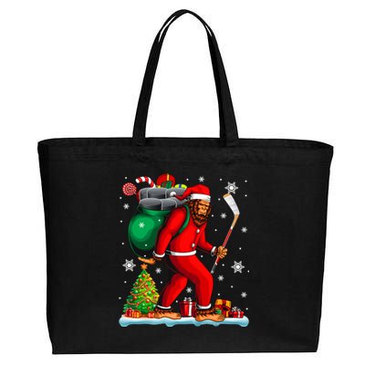 Santa Bigfoot Holding Hockey Equipt Xmas Player Lover Gift Cotton Canvas Jumbo Tote