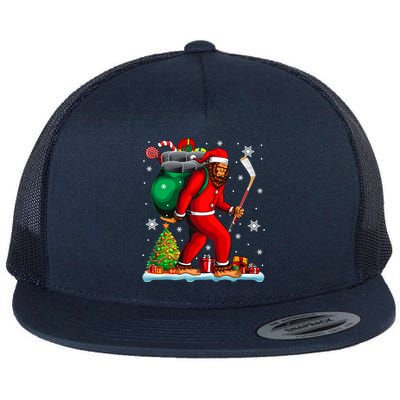 Santa Bigfoot Holding Hockey Equipt Xmas Player Lover Gift Flat Bill Trucker Hat