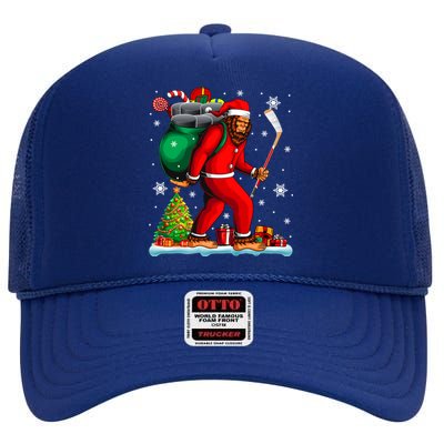 Santa Bigfoot Holding Hockey Equipt Xmas Player Lover Gift High Crown Mesh Back Trucker Hat