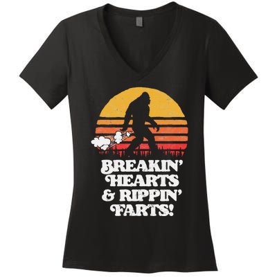 Sasquatch Breakin Hearts & Rippin Farts! Funny Bigfoot Sun Women's V-Neck T-Shirt