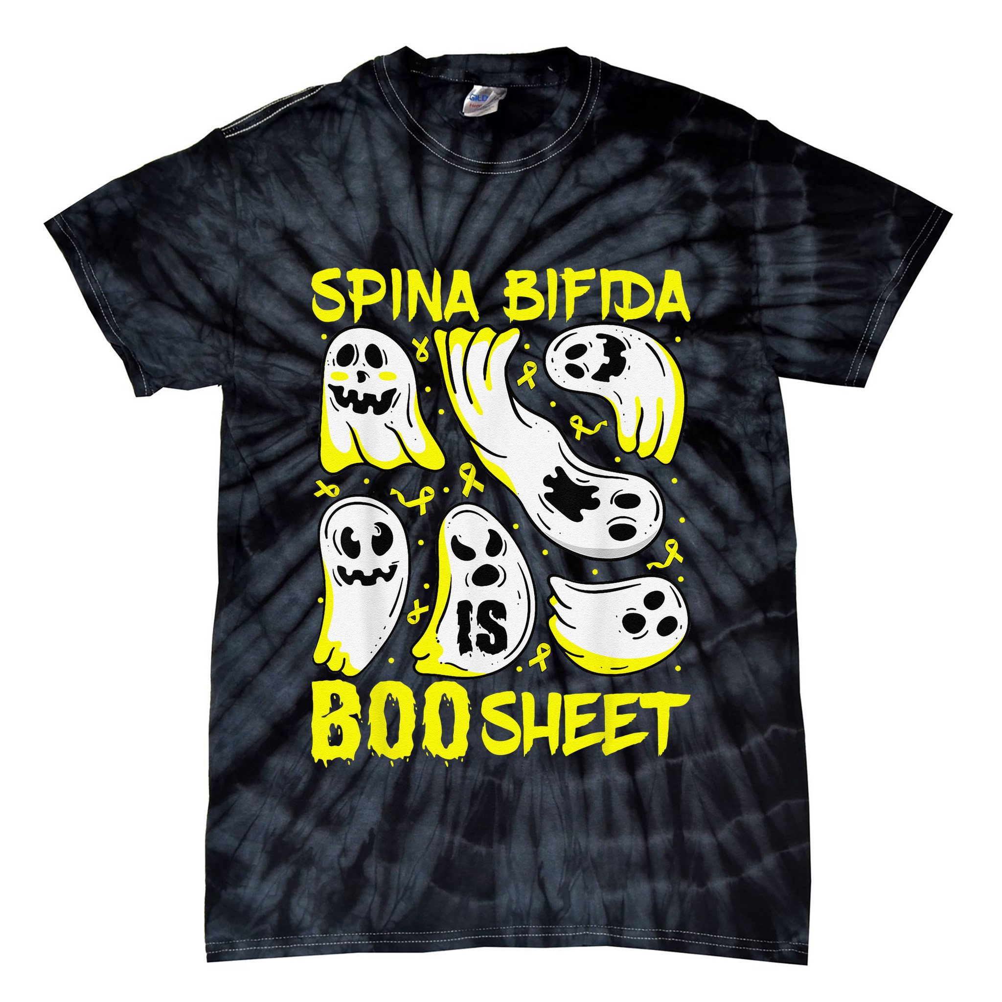 Spina Bifida Is Boo Sheet Ghost & Yellow Ribbon Halloween Tie-Dye T-Shirt
