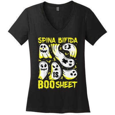 Spina Bifida Is Boo Sheet Ghost & Yellow Ribbon Halloween Women's V-Neck T-Shirt