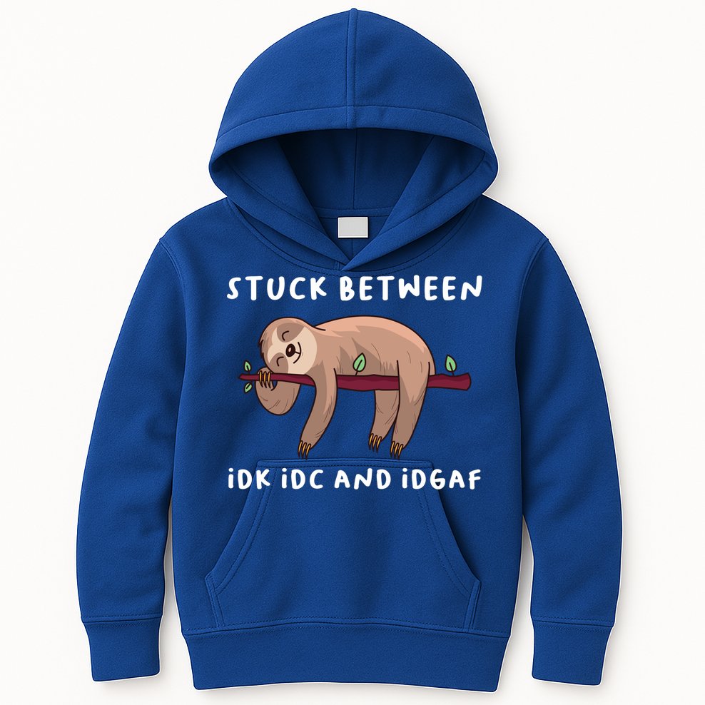 Stuck Between Idk Idc And Idgaf Sloth Lover Gift Great Gift Kids Hoodie