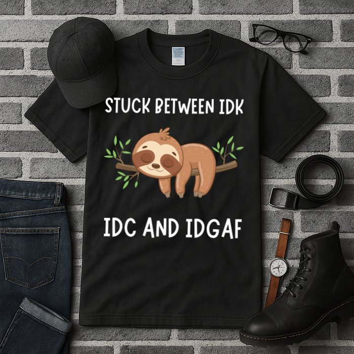 Stuck Between Idk Idc And Idgaf Sloth Lover Gift Tall T-Shirt