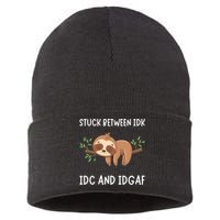Stuck Between Idk Idc And Idgaf Sloth Lover Gift Sustainable Knit Beanie
