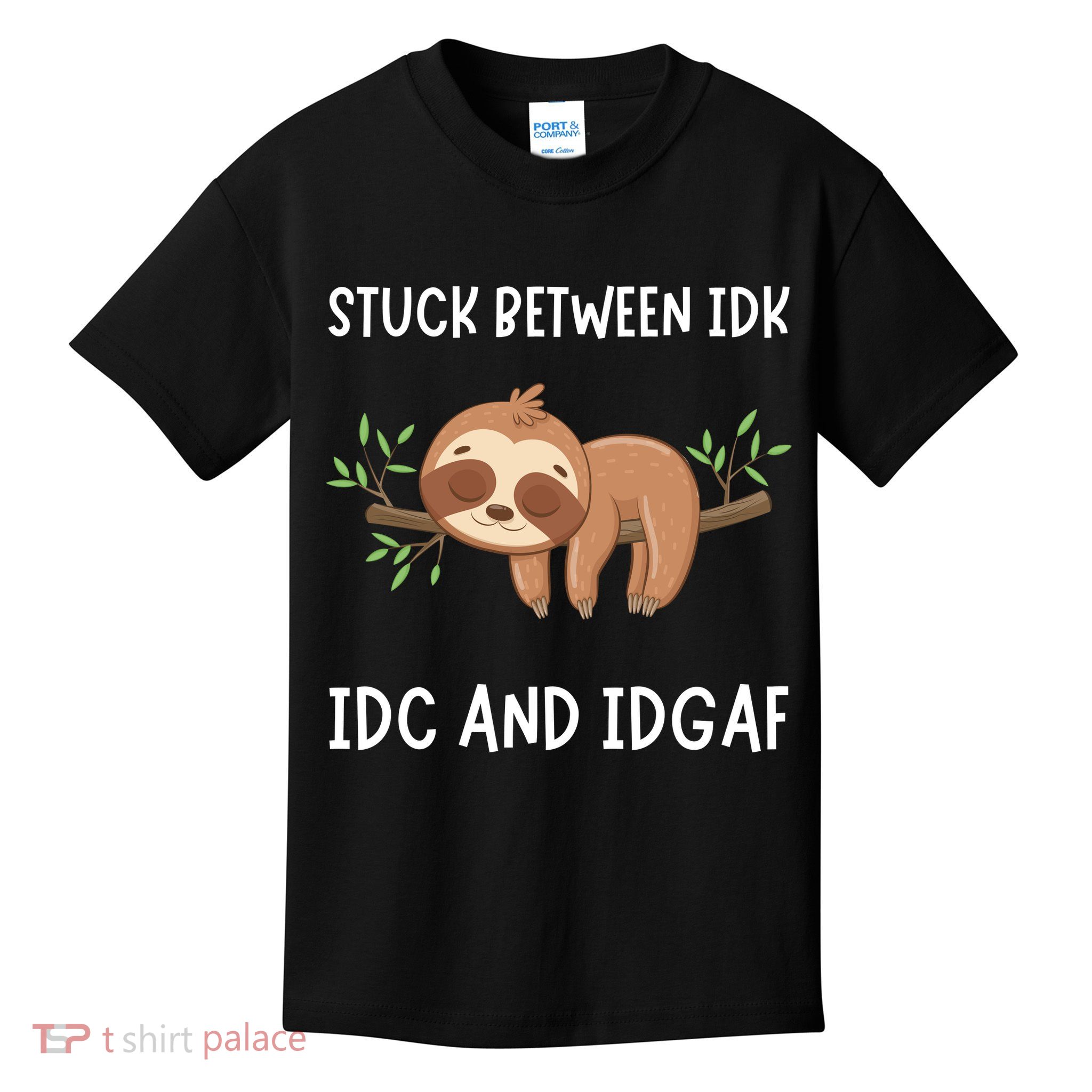 Stuck Between Idk Idc And Idgaf Sloth Lover Gift Kids T-Shirt