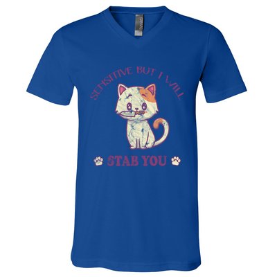 Sensitive But I Will Stab You Cute Cat Cool Gift V-Neck T-Shirt