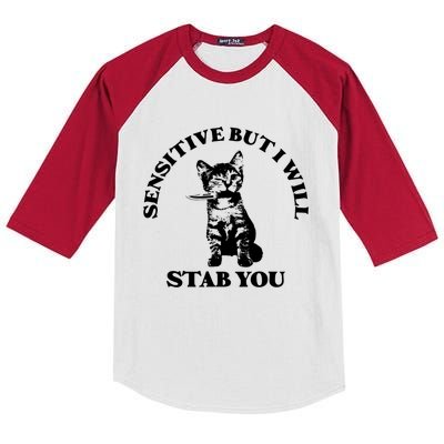 Sensitive But I Will Stab You Funny Cat Horror Gift Kids Colorblock Raglan Jersey