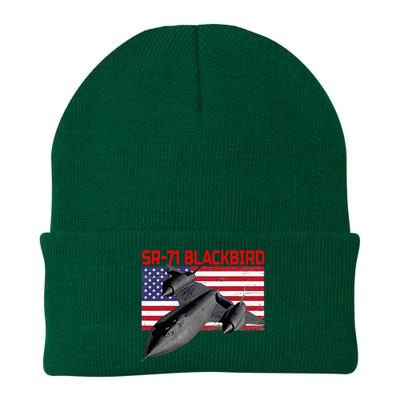 Sr71 Blackbird In Action And Patriotic American Flag. Knit Cap Winter Beanie