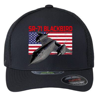 Sr71 Blackbird In Action And Patriotic American Flag. Flexfit Unipanel Trucker Cap