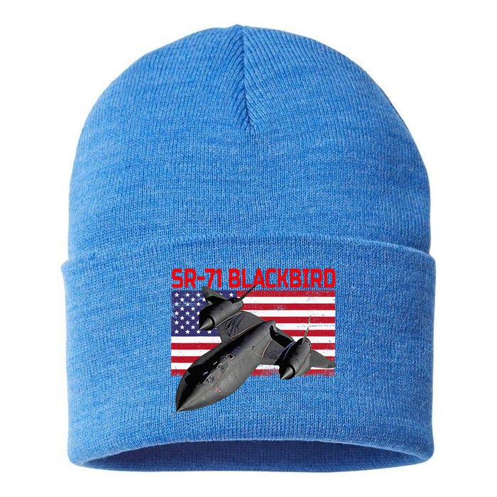 Sr71 Blackbird In Action And Patriotic American Flag. Sustainable Knit Beanie