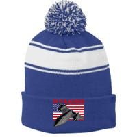 Sr71 Blackbird In Action And Patriotic American Flag. Stripe Pom Pom Beanie