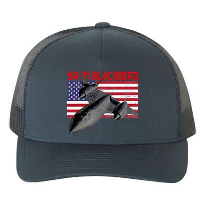 Sr71 Blackbird In Action And Patriotic American Flag. Yupoong Adult 5-Panel Trucker Hat