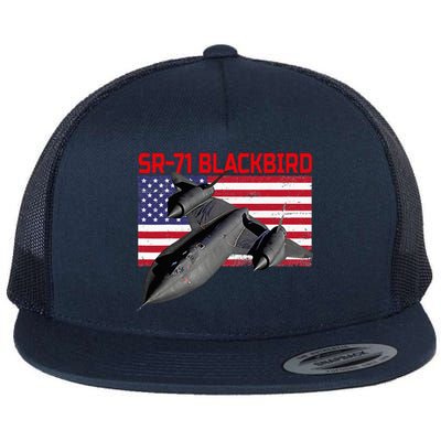 Sr71 Blackbird In Action And Patriotic American Flag. Flat Bill Trucker Hat