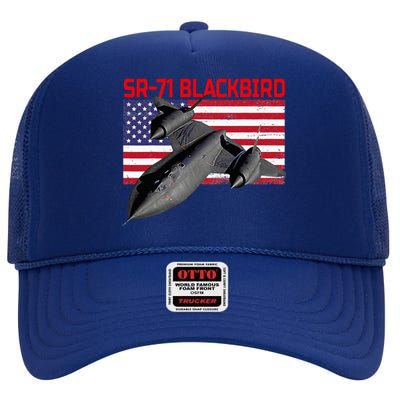 Sr71 Blackbird In Action And Patriotic American Flag. High Crown Mesh Back Trucker Hat