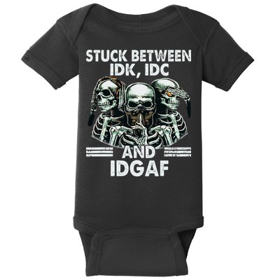 Stuck Between Idk Idc And Idgaf Skeleton Baby Bodysuit