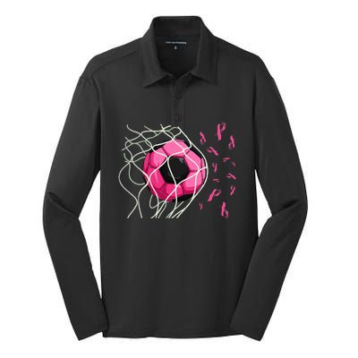 Soccer Ball In Goal Pink Ribbons Breast Cancer Awareness Day Silk Touch Performance Long Sleeve Polo