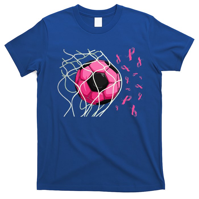 Soccer Ball In Goal Pink Ribbons Breast Cancer Awareness Day T-Shirt