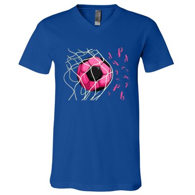 Soccer Ball In Goal Pink Ribbons Breast Cancer Awareness Day V-Neck T-Shirt