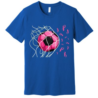 Soccer Ball In Goal Pink Ribbons Breast Cancer Awareness Day Premium T-Shirt