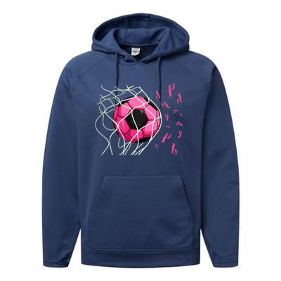 Soccer Ball In Goal Pink Ribbons Breast Cancer Awareness Day Performance Fleece Hoodie