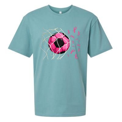 Soccer Ball In Goal Pink Ribbons Breast Cancer Awareness Day Sueded Cloud Jersey T-Shirt