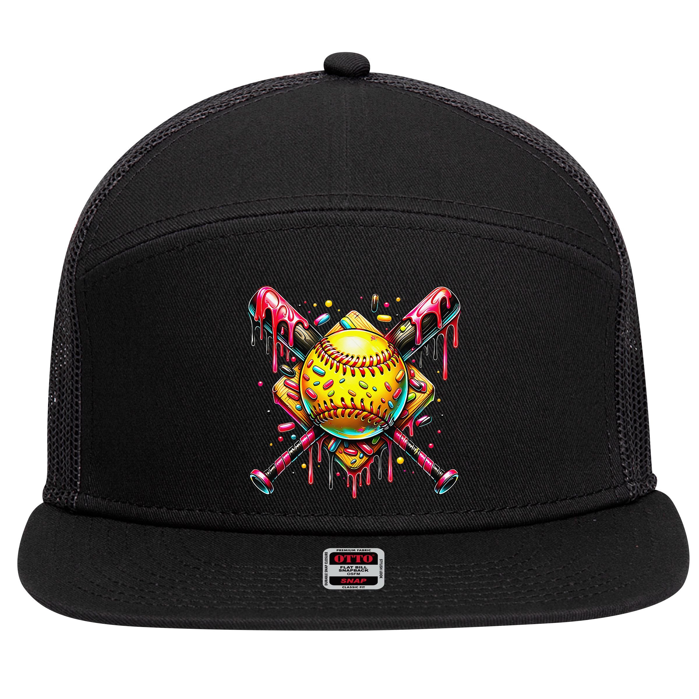 Softball Bat Ice Cream Dripping Baseball Home Plate Drip 7 Panel Mesh Trucker Snapback Hat