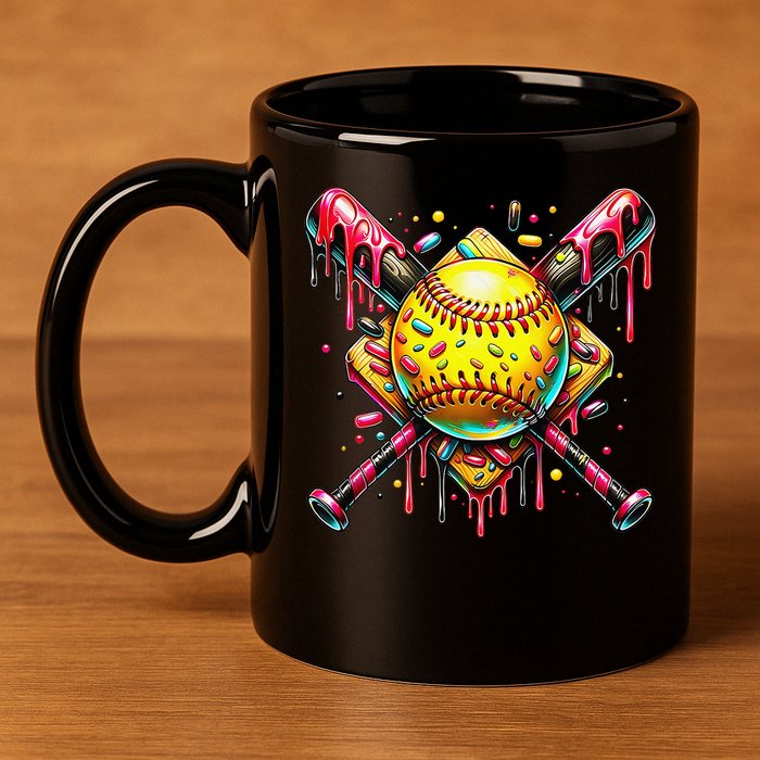 Softball Bat Ice Cream Dripping Baseball Home Plate Drip 11oz C Handle Ceramic Mug