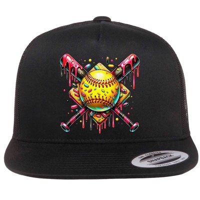 Softball Bat Ice Cream Dripping Baseball Home Plate Drip Flatbill Hat