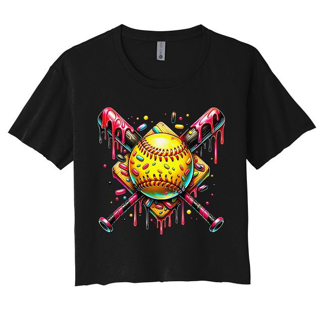 Softball Bat Ice Cream Dripping Baseball Home Plate Drip Women's Crop Top Tee